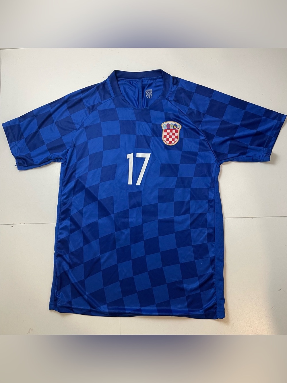 Croatia National Team #17 Mandzukic Soccer Jersey Blue Checkered Shirt Size M